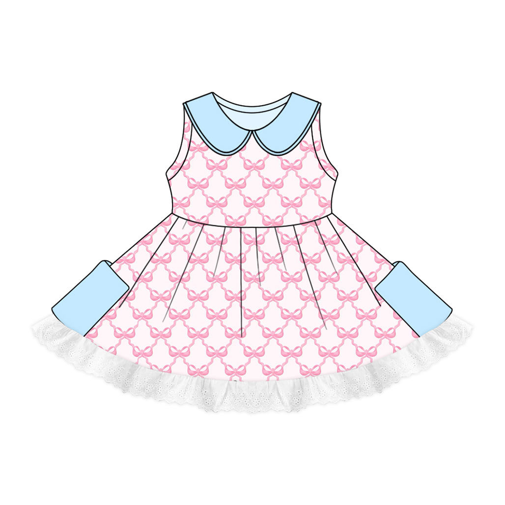 Preorder (moq 5)Baby Girls Pink Bows Lace Pockets Twirl Dresses
