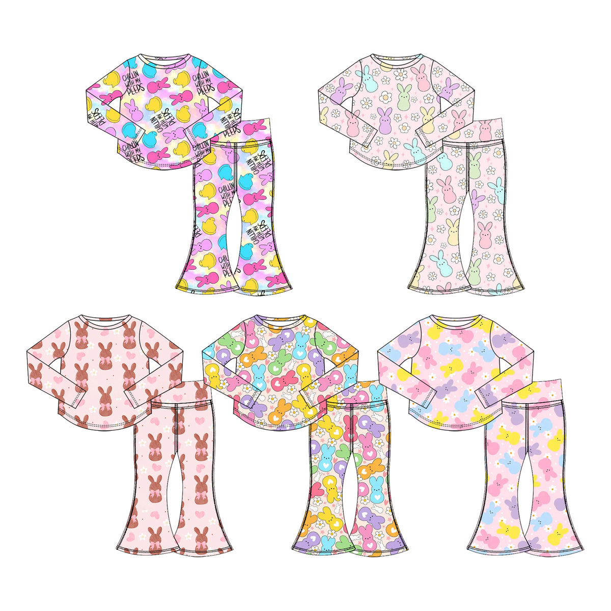 Preorder (moq 5) Baby Girl Clothes Easter Peeps Bunny Daisy Print Long Sleeve Flare Pant Set