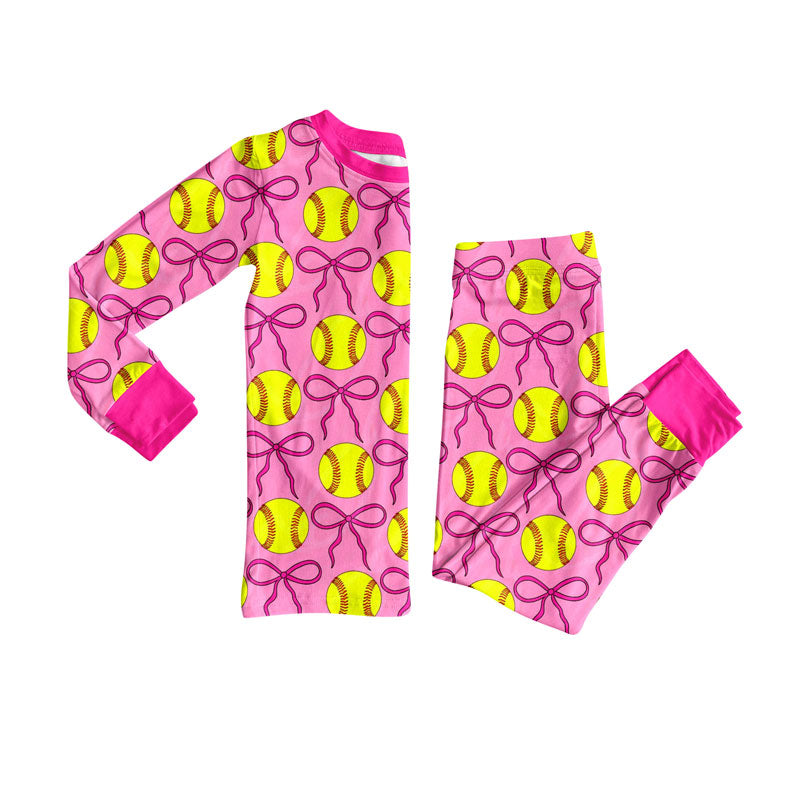Preorder(moq 8)Baby Girls Hot Pink Bows Baseballs Plaid Top Pants Team Pajamas Sets