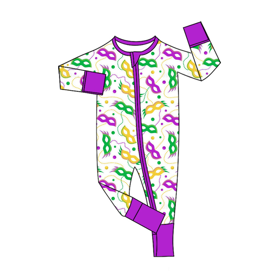 Preorder (moq 5) Baby Boys Mardigras Necklaces Masks Two Way Zip Convertible Rompers