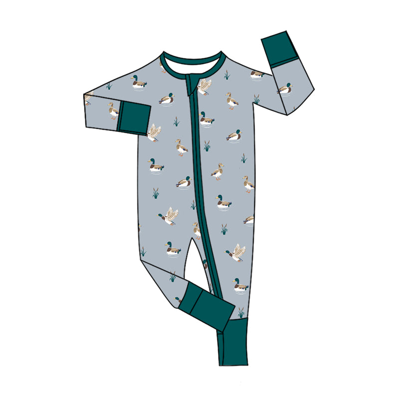 Preorder (moq 5)Baby Boys Ducks Plaid Hunting Two Way Zip Convertible Rompers