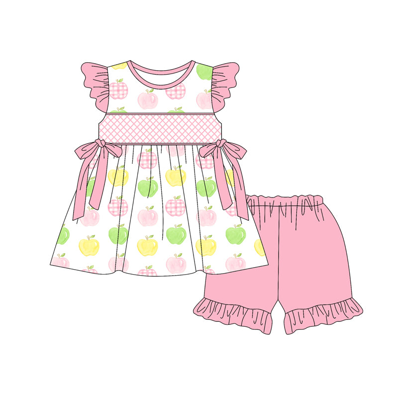 Preorder (moq 5)Baby Girls Pink Flutter Sleeves Apple Bows Tunic Ruffle Short Sets