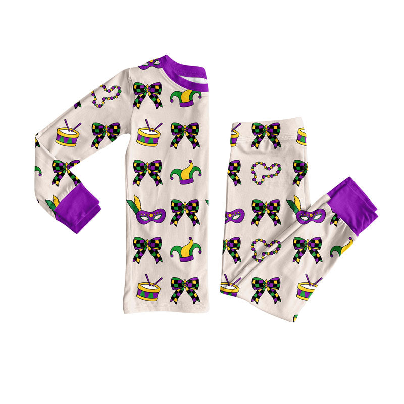 Preorder(moq 8)Baby Girls Anchors Bows Top Pants Mardigras Pajamas Sets