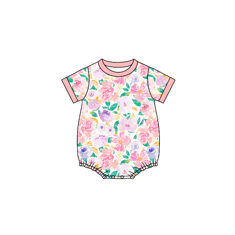 Preorder (moq 5)Baby Girls Lavender Pink Flowers Short Sleeve Rompers