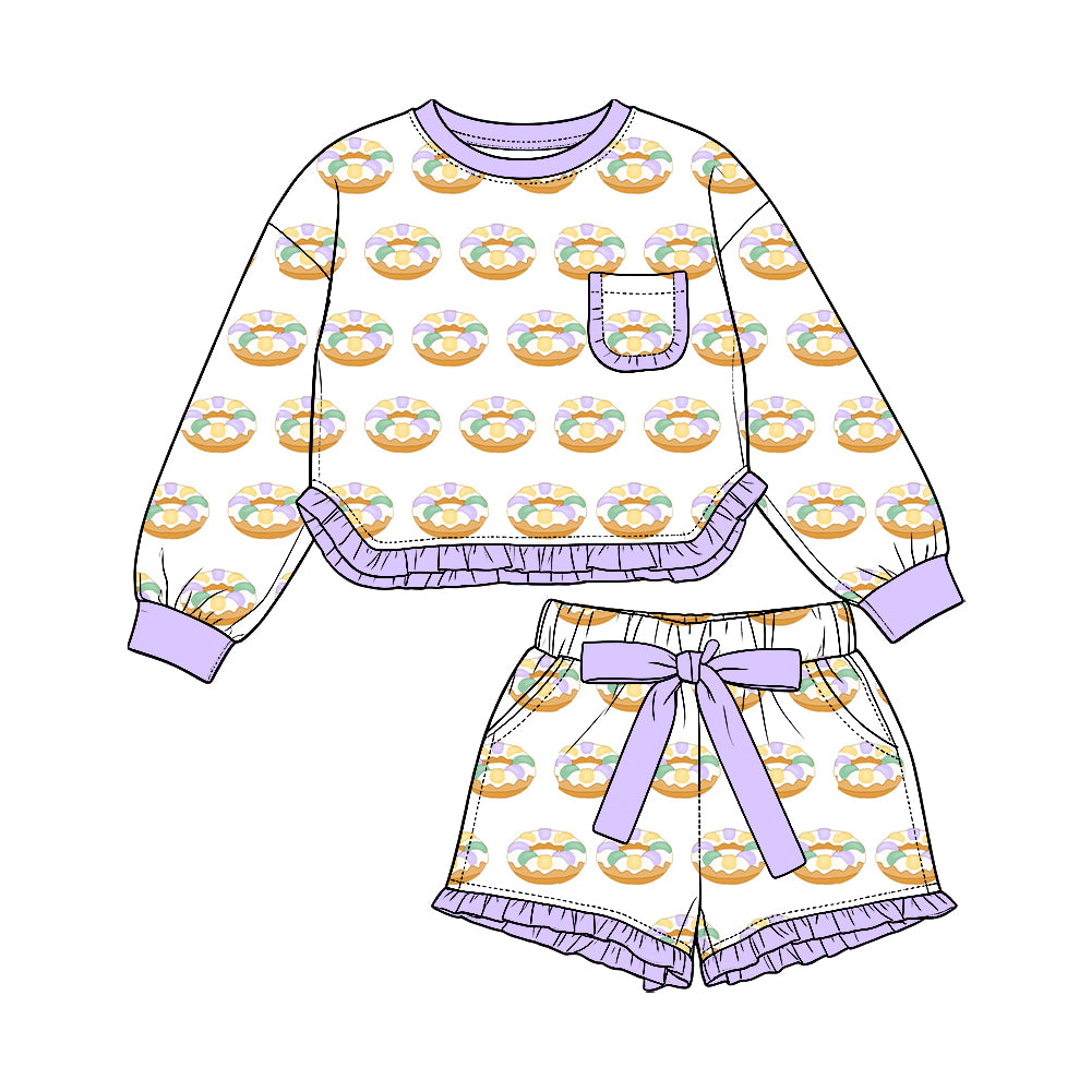 Preorder (moq5) Baby Girls Donuts Plaid Pocket Top Ruffle Bow Short Mardigras Set