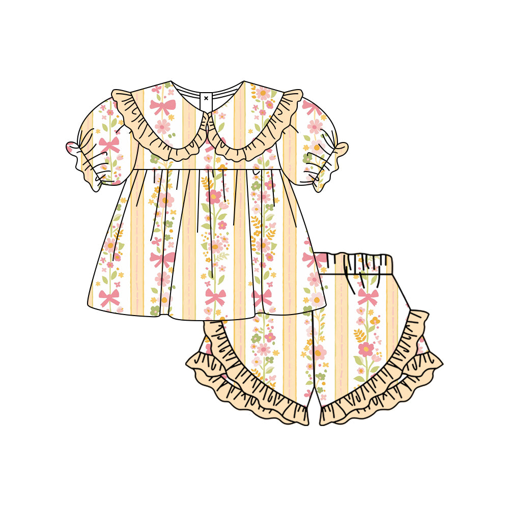 Preorder (moq 5)Baby Girls Flowers Bows Stripe Collar Tunic Ruffle Short Clothes Sets