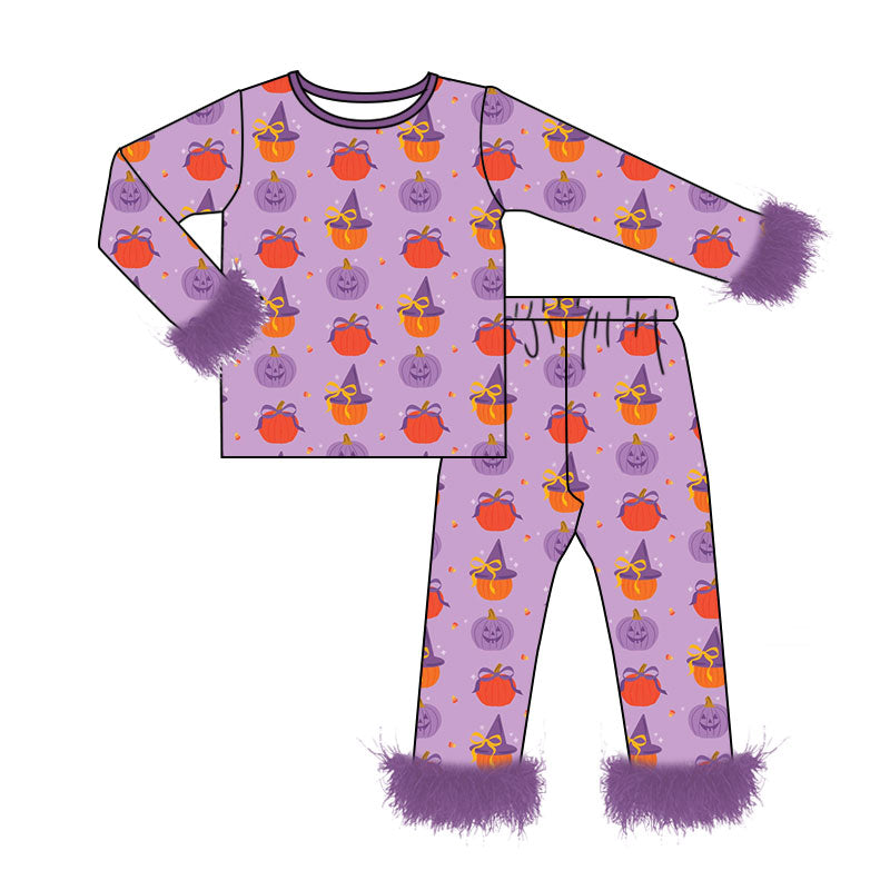Preorder (moq 5)Baby Girls Bows Ghost Pumpkins Fur Sleeves Top Pants Halloween Pajamas Sets