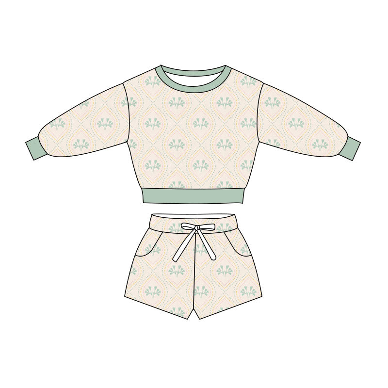 Preorder(moq 5) Baby Girls Green Flowers Checked Long Sleeve Pockets Shorts Clothes Sets