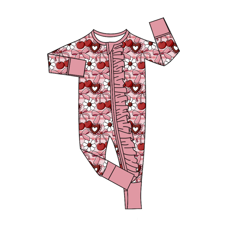 Preorder(moq5) Baby Girls’ Red Cherry & White Flower Print Crew Neck Long-Sleeve Ruffle Zipper Romper