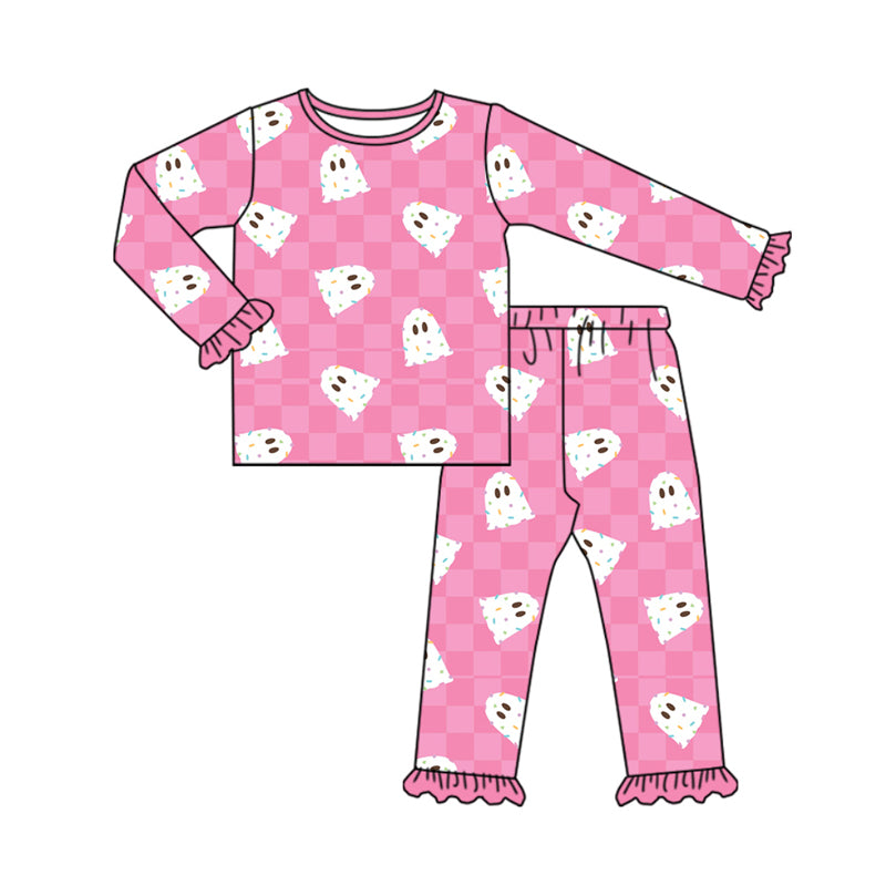 Preorder (moq 5)Baby Girls Pink Long Ruffle Sleeves Ghosts Plaid Top Pants Pajamas Set
