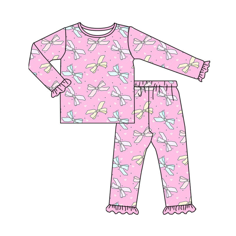 Preorder(moq 8)Baby Girls Long Sleeve Colorful Bows Hearts Top Ruffle Pants Pajamas Sets
