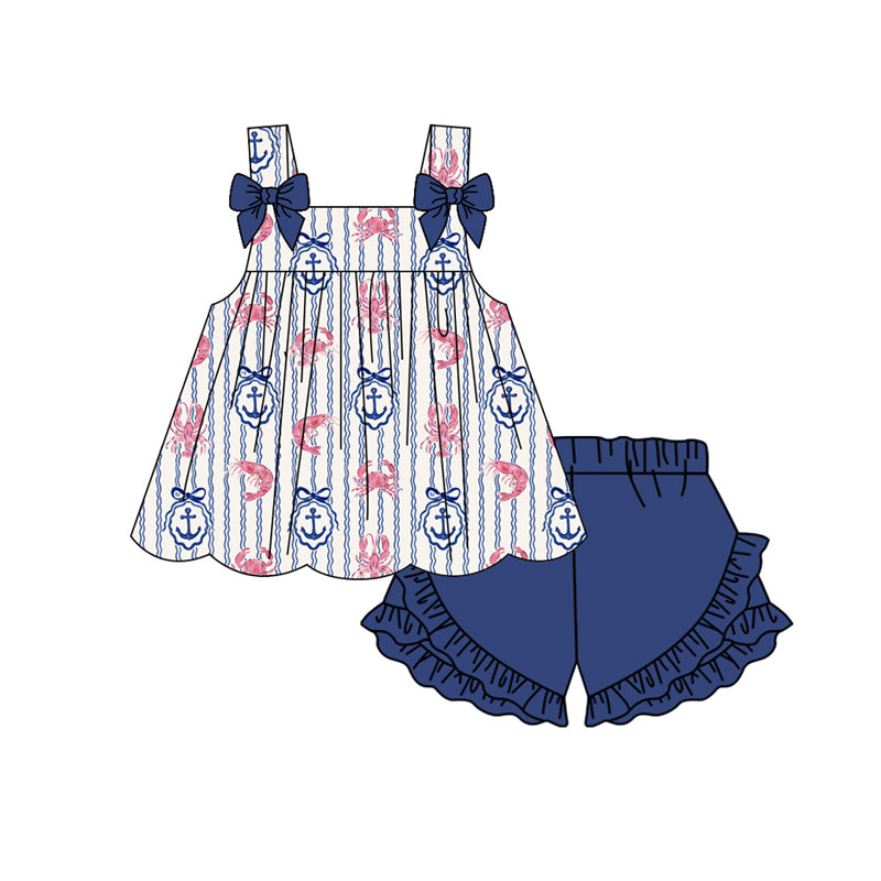 Preorder moq 5 Baby Girls Strap Crayfishes Fishing Tunic Ruffle Shorts Clothes Set