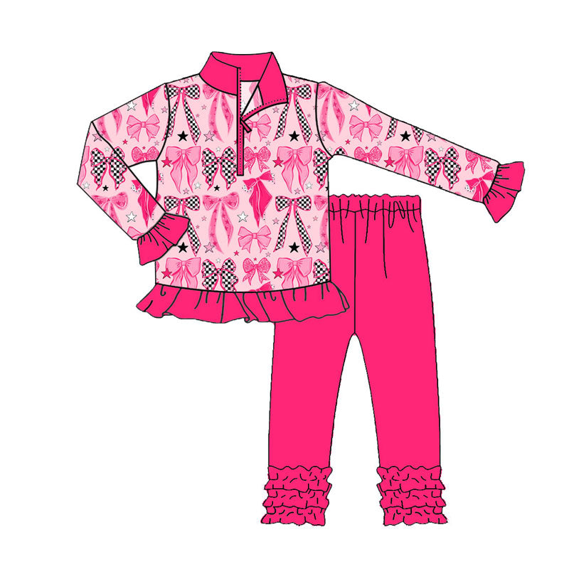 Preorder(moq 8)Baby Girls Pink Stars Bows Zipper Pullover Ruffle Pants Valentine Clothes Sets