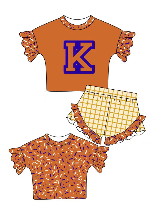 Preorder (moq 5)Baby Girls Orange Back Sprinkles K Top Checked Ruffle Shorts Team Clothes Set