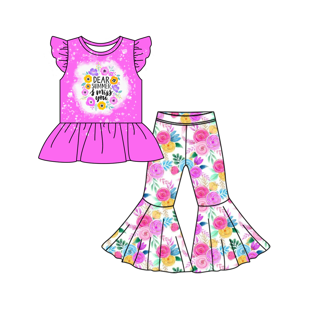 Preorder (moq 5)Baby Girls Summer Flowers Shirt Top Bell Pants Clothes Sets