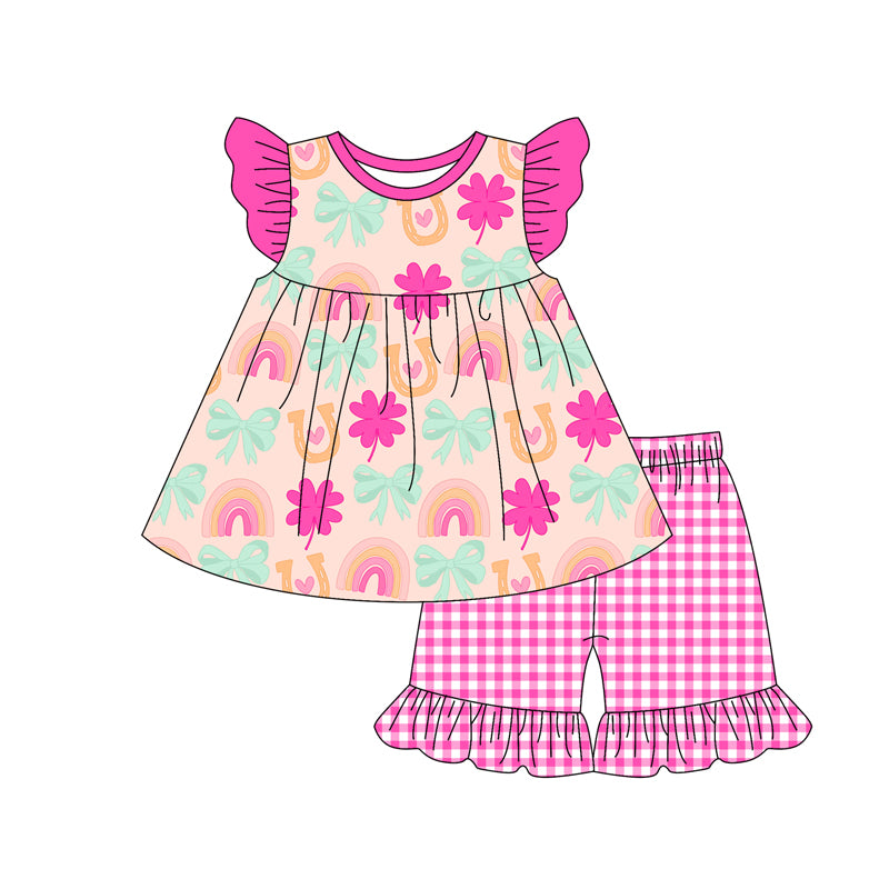 Preorder (moq 5)Baby Girls Colorful Rainbow Bows Top Checkered Shorts Clothes Sets