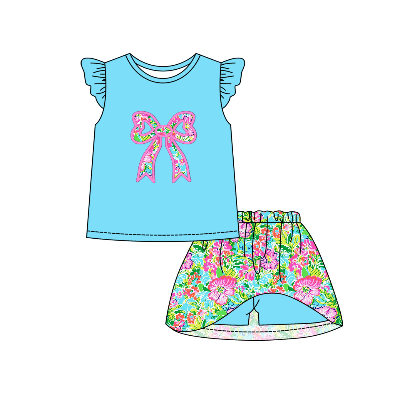 Preorder (moq 5)Baby Girls Aqua Bow Print Shirt Flowers Shorts Skirts Outfits Clothes Sets