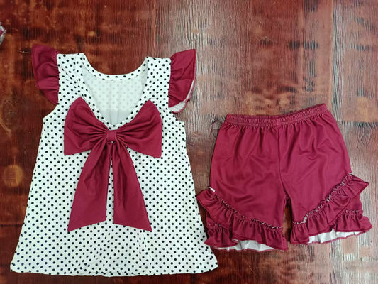 Preorder moq 5 Baby Girls Dark Red Flutter Sleeves C Polka Dots Tunic Ruffle Shorts Set