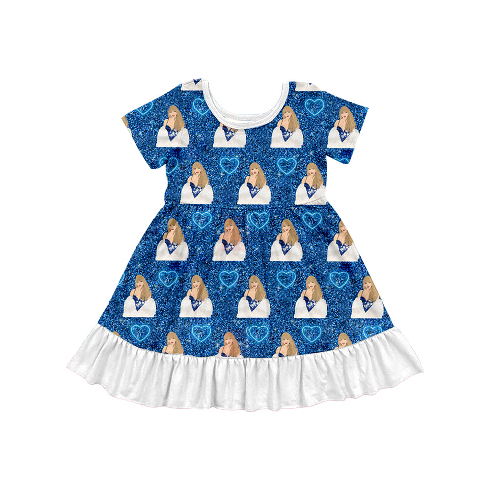 Preorder (moq 5)Baby Girls Blue Singer Ruffle Knee Length Dresses