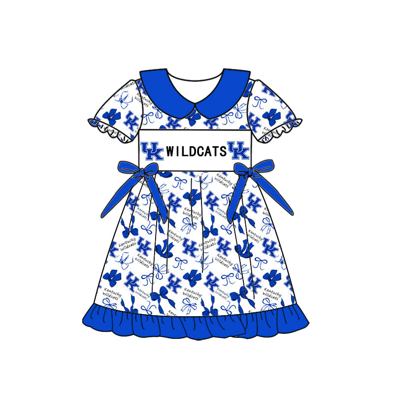 Preorder (moq 5)Baby Girls Short Sleeve UK Bows Wildcats Collar Team Ruffle Knee Length Dress