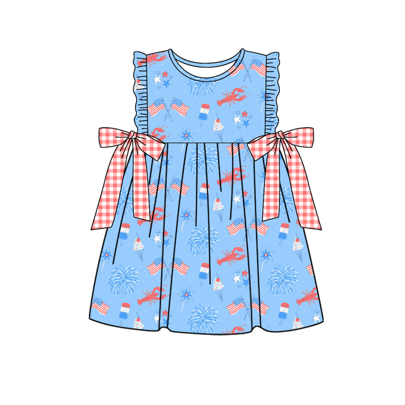 Preorder (moq 5)Baby Girls 4th Of July Flag Crawfish Knee Length Dresses