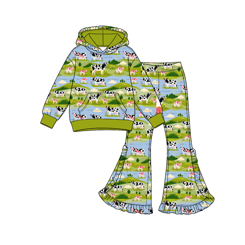 Preorder (moq 5) Girls’ Fall Hooded Long-Sleeve Green Meadow Cow Ruffle Flare Pants Print Set | Matching Sister & Family Outfits
