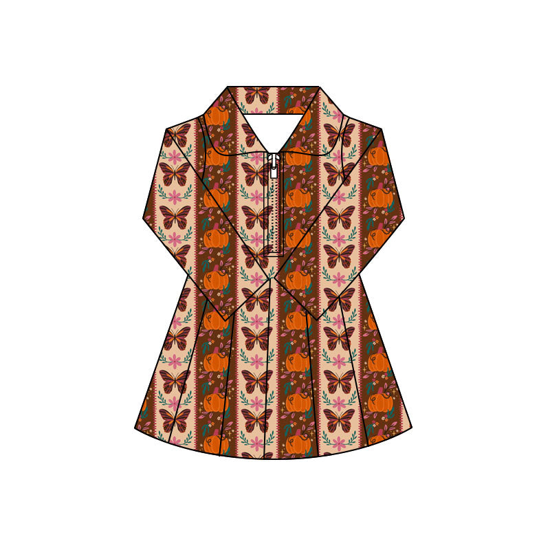 Preorder (moq 5)Baby Girls Butterfly Pumpkins Zip Pleated Skirt Short Fall Knee Length Dresses