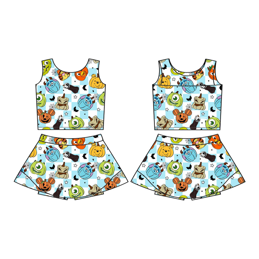 Preorder (moq 5)Baby Girls Sleeveless Cartoon Pumpkins Plaid Vest Top Skorts Set