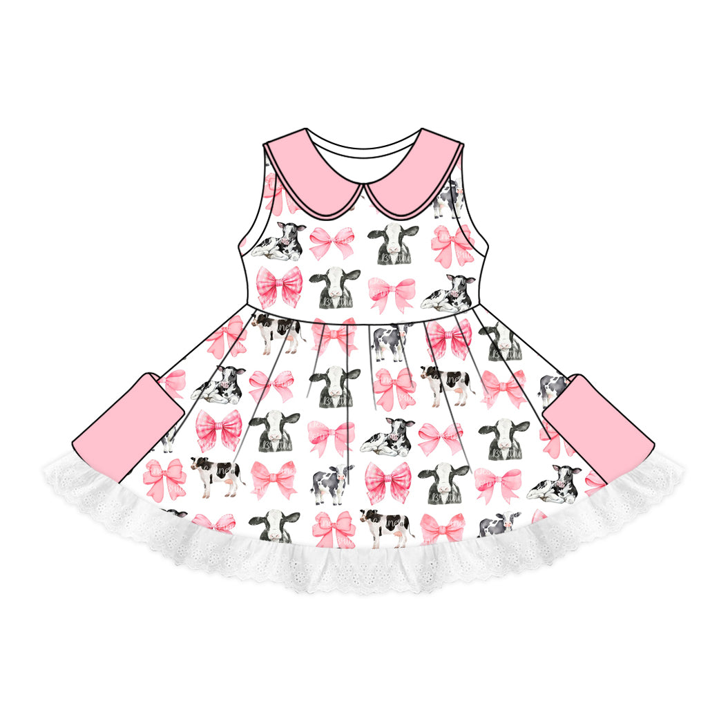 Preorder (moq 5)Baby Girls Pink Bows Cows Lace Pockets Twirl Dresses
