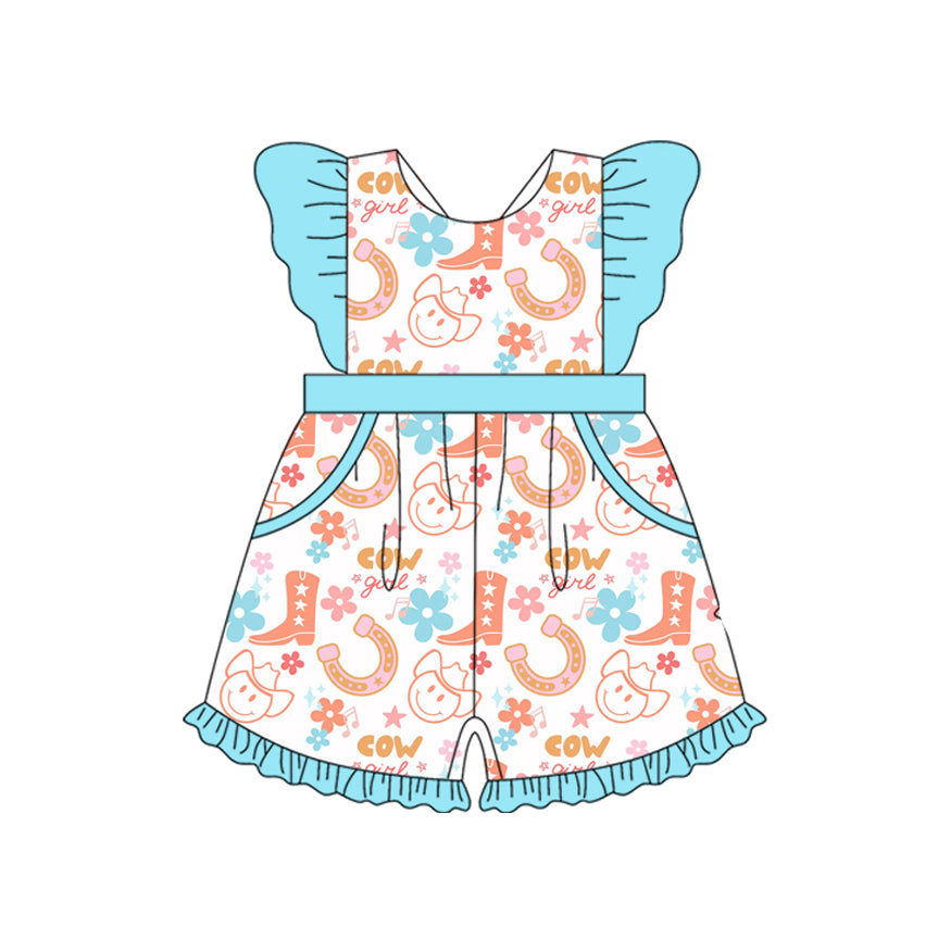 Preorder (moq 5)Baby Girls Western Boots Flowers Pockets Flutter Sleeve Jumpsuits