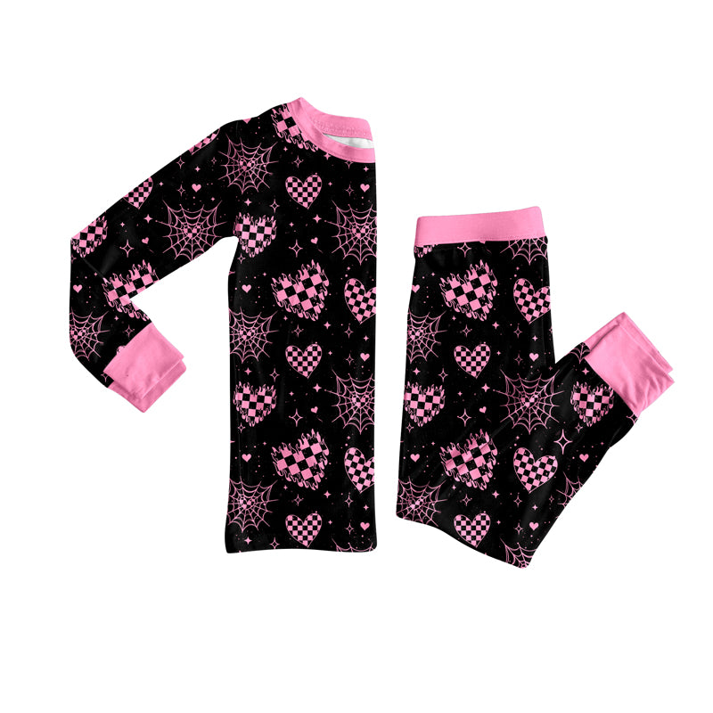 Preorder (moq 5)Baby Girls Spider Web Hearts Plaid Top Pant Halloween Pajamas Set