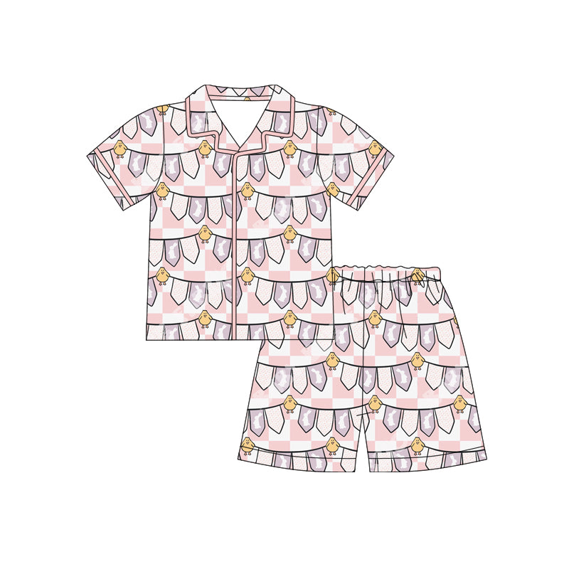 Preorder (moq 5)Baby Girls Pink Rabbits Chicks Checked Button Top Shorts Easter Pajamas Sets