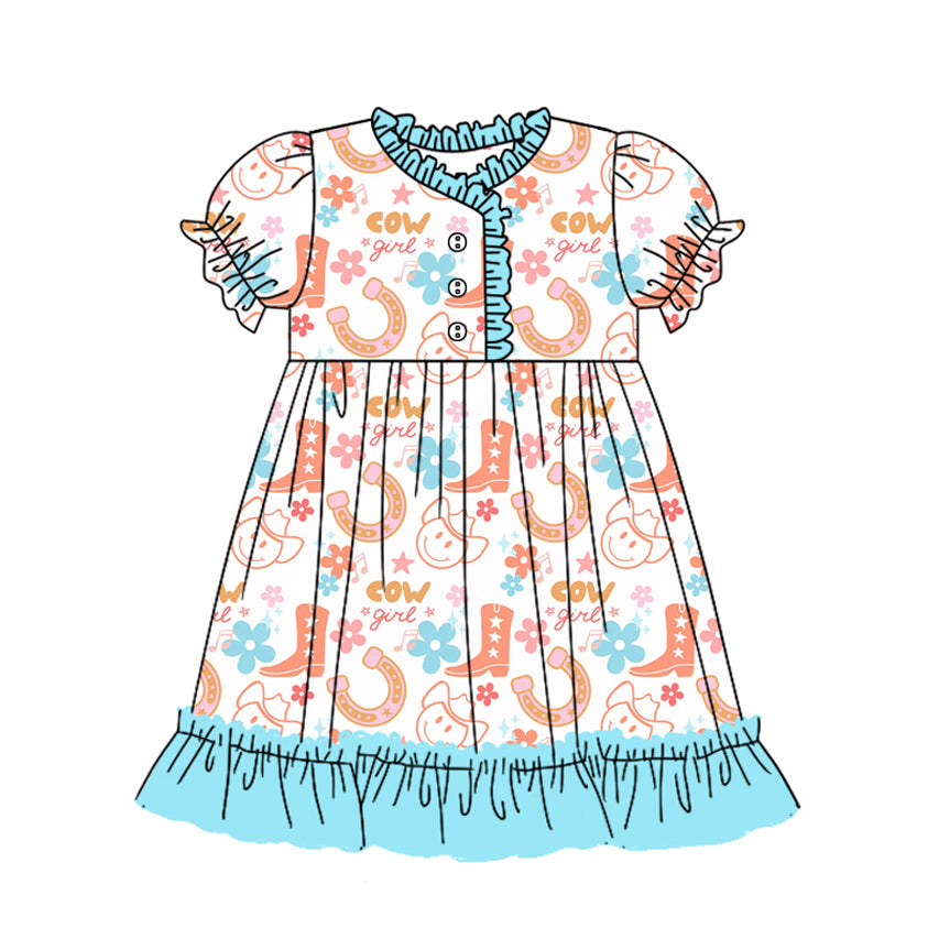 Preorder (moq 5)Baby Girls Western Boots Flowers Ruffle Knee Length Gowns Dresses