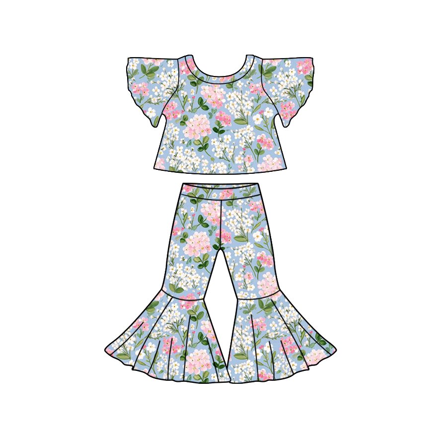 Preorder (moq 5)Baby Girls Bell Sleeve Colorful Flowers Top Bell Bottom Pant Clothes Sets