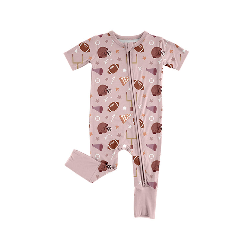 Preorder (moq 5)Baby Girls Lavender Short Sleeves Cheer Footballs Zipper Rompers