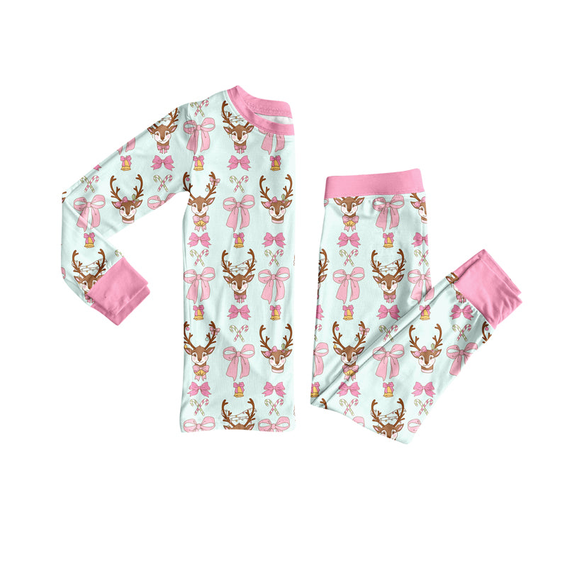 Preorder (moq 5)Baby Girls Long Sleeves Pink Bows Deer Top Pant Pajamas Set