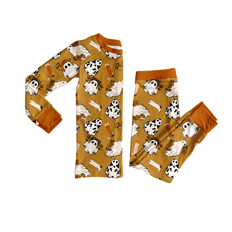 Preorder (moq 5)Baby Girls Brown Long Sleeves Ghost Boots Top Pant Pajamas Set