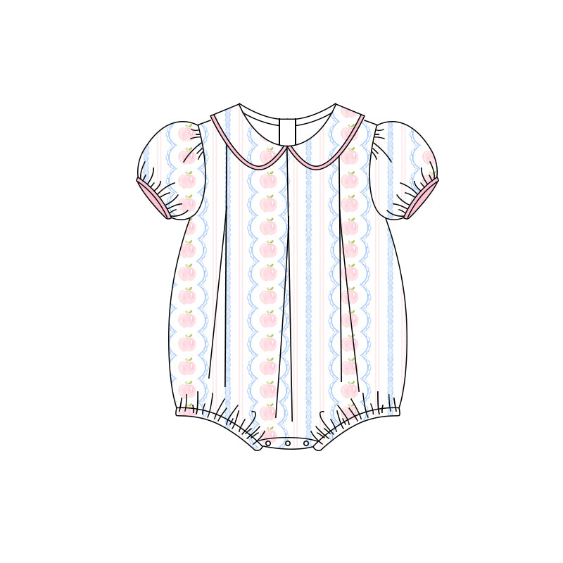 Preorder(moq 5)Baby Infant Girls Short Ruffle Sleeves Apples Stripe Ruffle Rompers