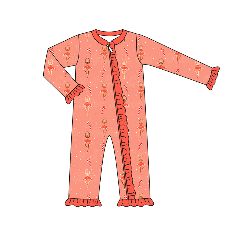 Preorder (moq 5)Baby Girls Long Sleeves Peach Candy Cane Dancers Plaid Ruffle Zipper Romper