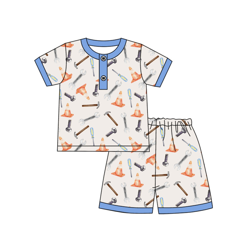 Preorder moq 5 Baby Boys Short Sleeves Button Tools Top Short Pajamas Set