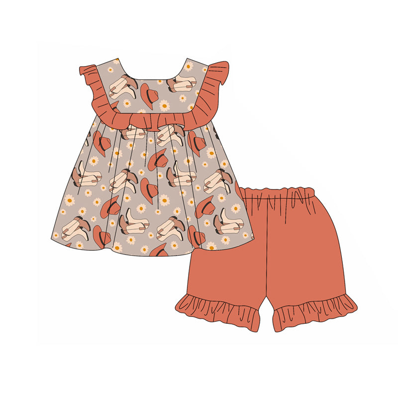 Preorder moq 5 Baby Girls Sleeveless Flowers Boots Tunic Ruffle Short Set