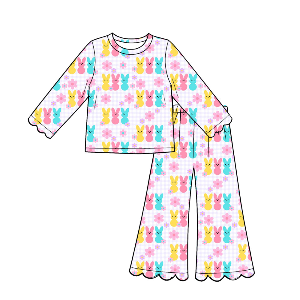 Preorder (moq 5) Girl clothes Colorful Easter Egg Long Sleeve Round Neck Scalloped Flare Pants 2‑Piece Outfit Set