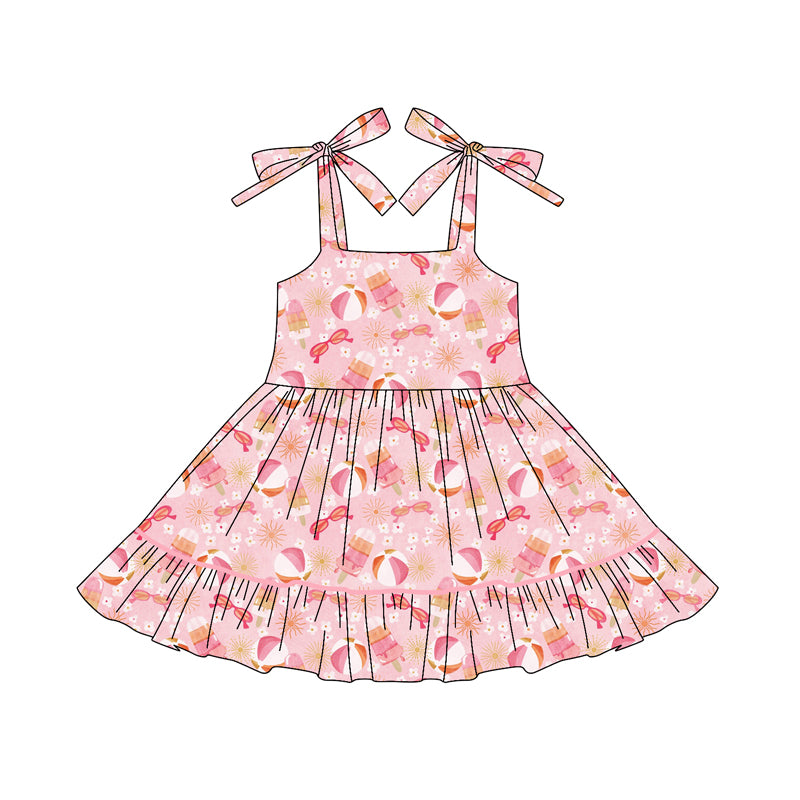 Preorder (moq 5)Baby Girls Pink Bows Strap Glasses Beach Ruffle Knee Length Dresses