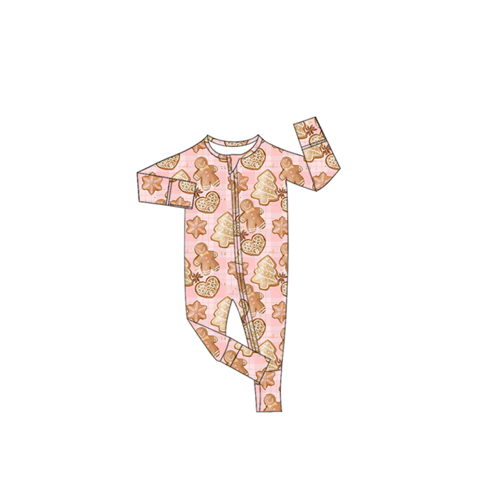 Preorder(moq 5)Baby Girls Long Sleeves Pink Gingerbread Trees Zipper Pant Rompers