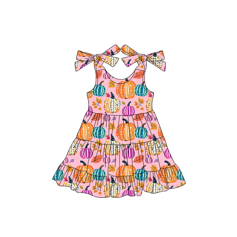 Preorder (moq 5)Baby Girls Bows Sleeveless Colorful Pumpkins Plaid Ruffle Knee Length Dresses