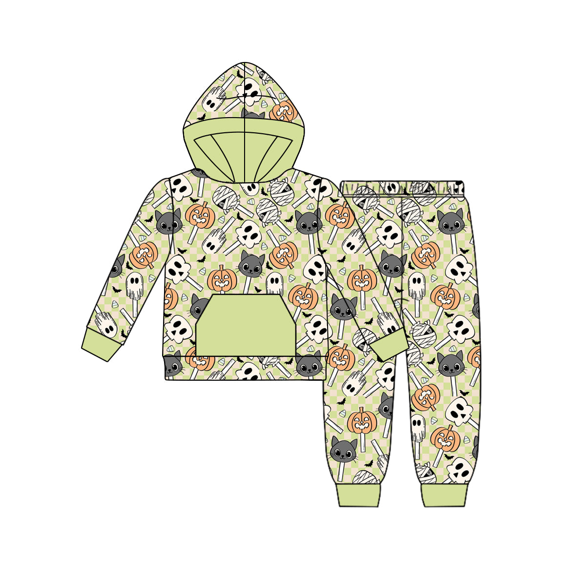 Preorder (moq 5)Baby Boys Green Long Sleeves Ghost Pumpkins Pocket Hoodies Pant Set
