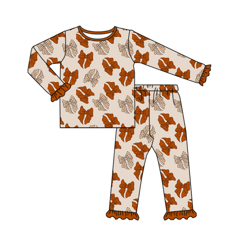 Preorder(moq 5) Baby Girls Long Ruffle Sleeves Khaki Bows Plaid Top Pants Pajamas Set