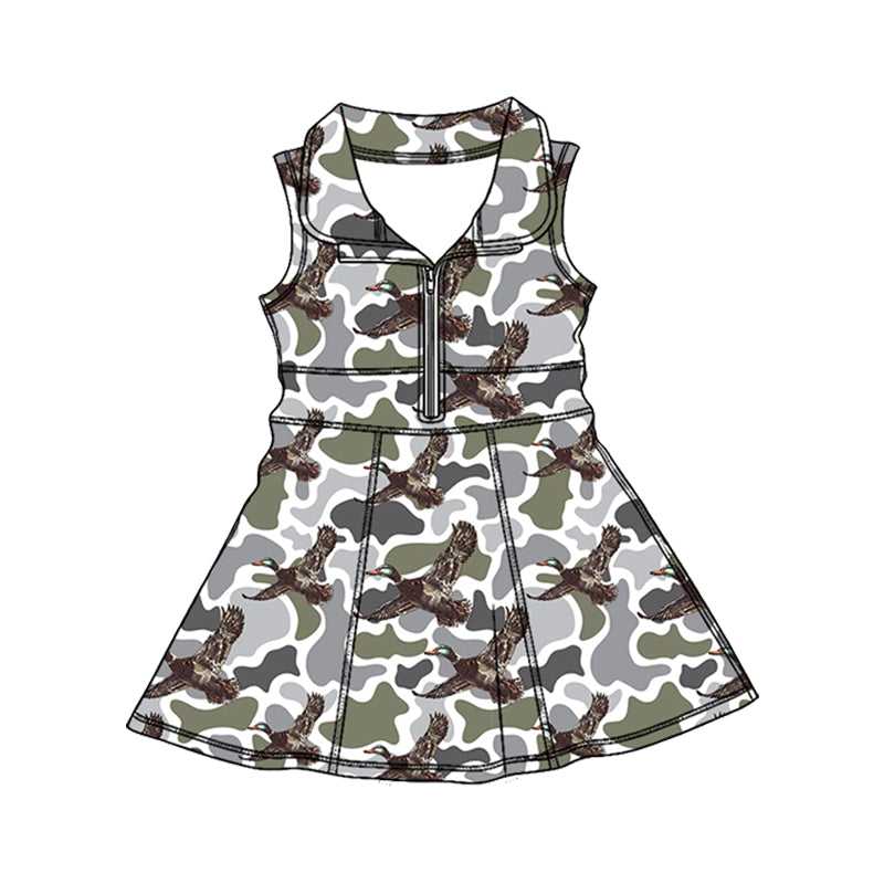 Preorder (moq 5)Baby Girls Southern Green Camo Ducks Hunting Zipper Knee Length Dress