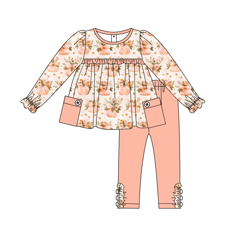 Preorder (moq 5)Baby Girls Long Ruffle Sleeves Peach Flower Pumpkins Pockets Tunic Legging Pant Sets
