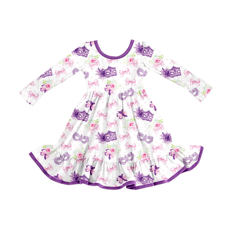 Preorder (moq 5)Baby Girls Mardi Gras Flowers Masks Bows Ruffle Knee Length Dresses